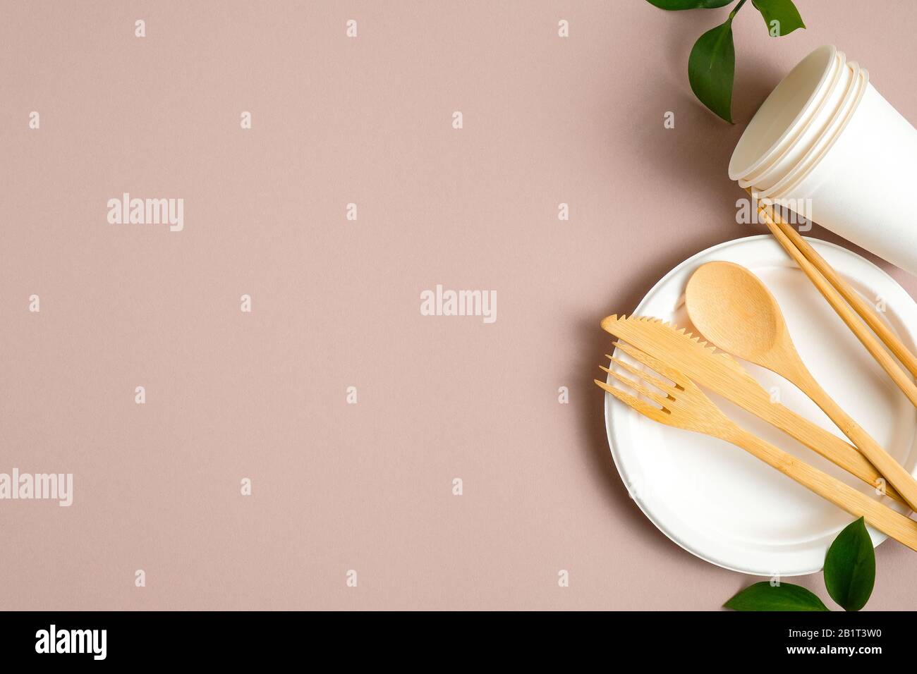 Eco-friendly wooden cutlery set, paper cups and plate with green leaves on brown background. Zero waste, plastic free concept. Sustainable lifestyle. Stock Photo