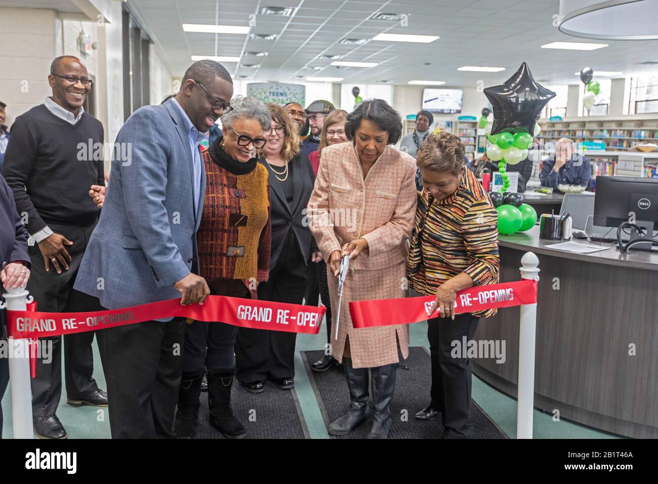 Detroit, Michigan - Library and community leaders cut a ribbon for the Grand Re-Opening of the Jefferson Branch of the Detroit Public Library after it Stock Photo