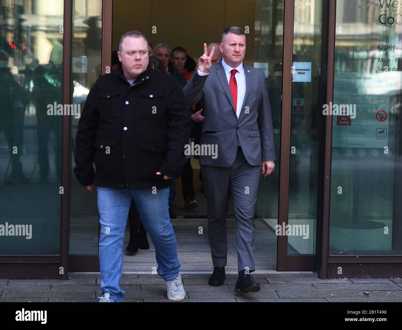 Britain First leader Paul Golding outside Westminster Magistrates' Court, London, where he was charged with failing to comply with a duty under schedule 7 of the Terrorism Act after refusing to give counter-terror officers access to his electronic devices when he was stopped at Heathrow Airport on his way home from a trip to Russia to see the parliament. PA Photo. Picture date: Thursday February 27, 2020. See PA story COURTS Golding. Photo credit should read: Victoria Jones/PA Wire Stock Photo