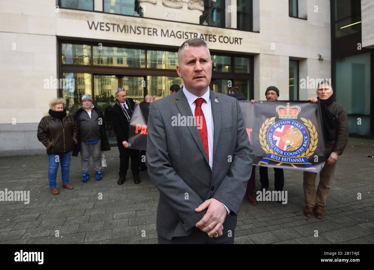 Britain First leader Paul Golding outside Westminster Magistrates' Court, London, where he was charged with failing to comply with a duty under schedule 7 of the Terrorism Act after refusing to give counter-terror officers access to his electronic devices when he was stopped at Heathrow Airport on his way home from a trip to Russia to see the parliament. PA Photo. Picture date: Thursday February 27, 2020. See PA story COURTS Golding. Photo credit should read: Victoria Jones/PA Wire Stock Photo