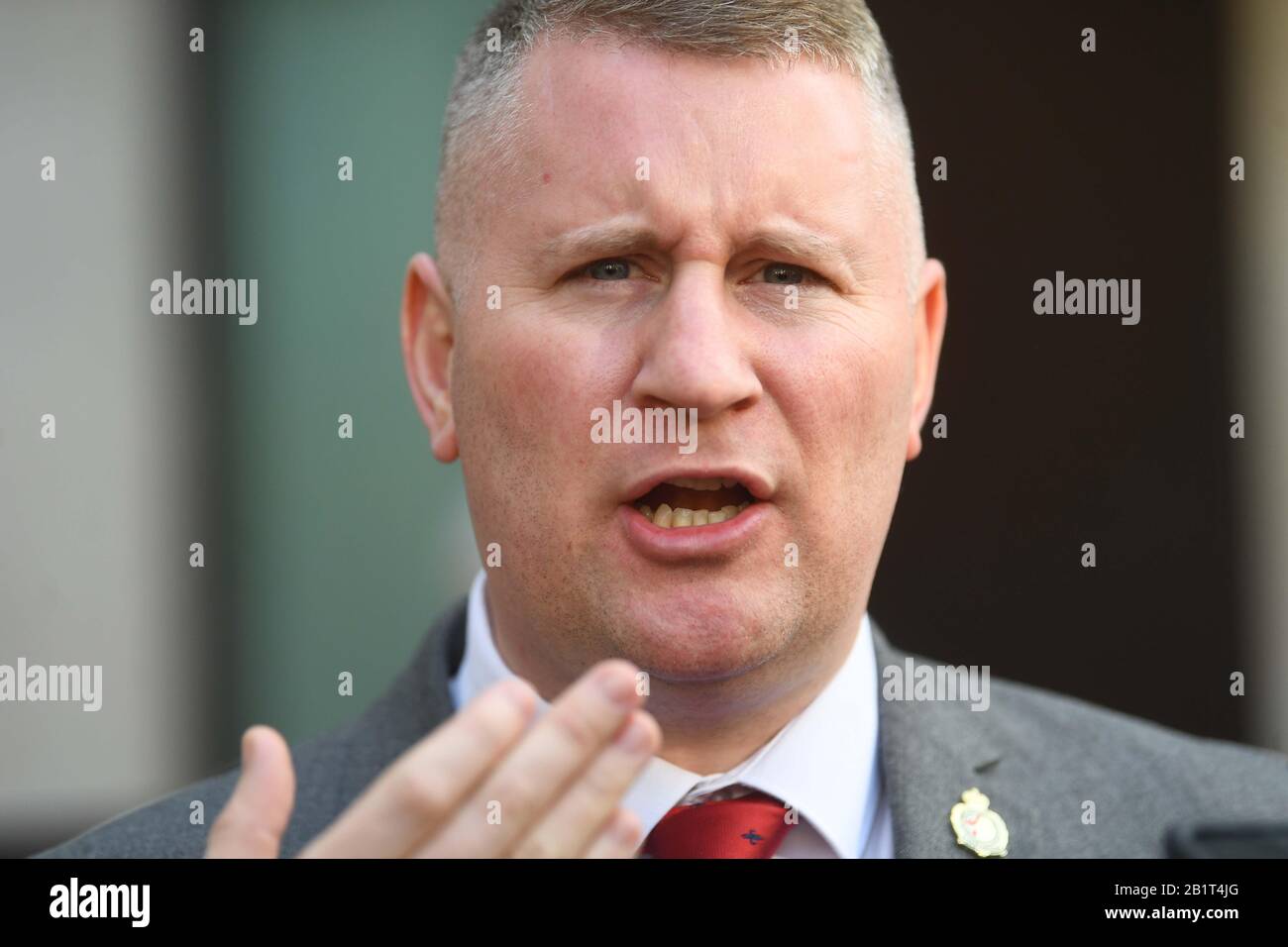 Britain First leader Paul Golding outside Westminster Magistrates' Court, London, where he was charged with failing to comply with a duty under schedule 7 of the Terrorism Act after refusing to give counter-terror officers access to his electronic devices when he was stopped at Heathrow Airport on his way home from a trip to Russia to see the parliament. PA Photo. Picture date: Thursday February 27, 2020. See PA story COURTS Golding. Photo credit should read: Victoria Jones/PA Wire Stock Photo