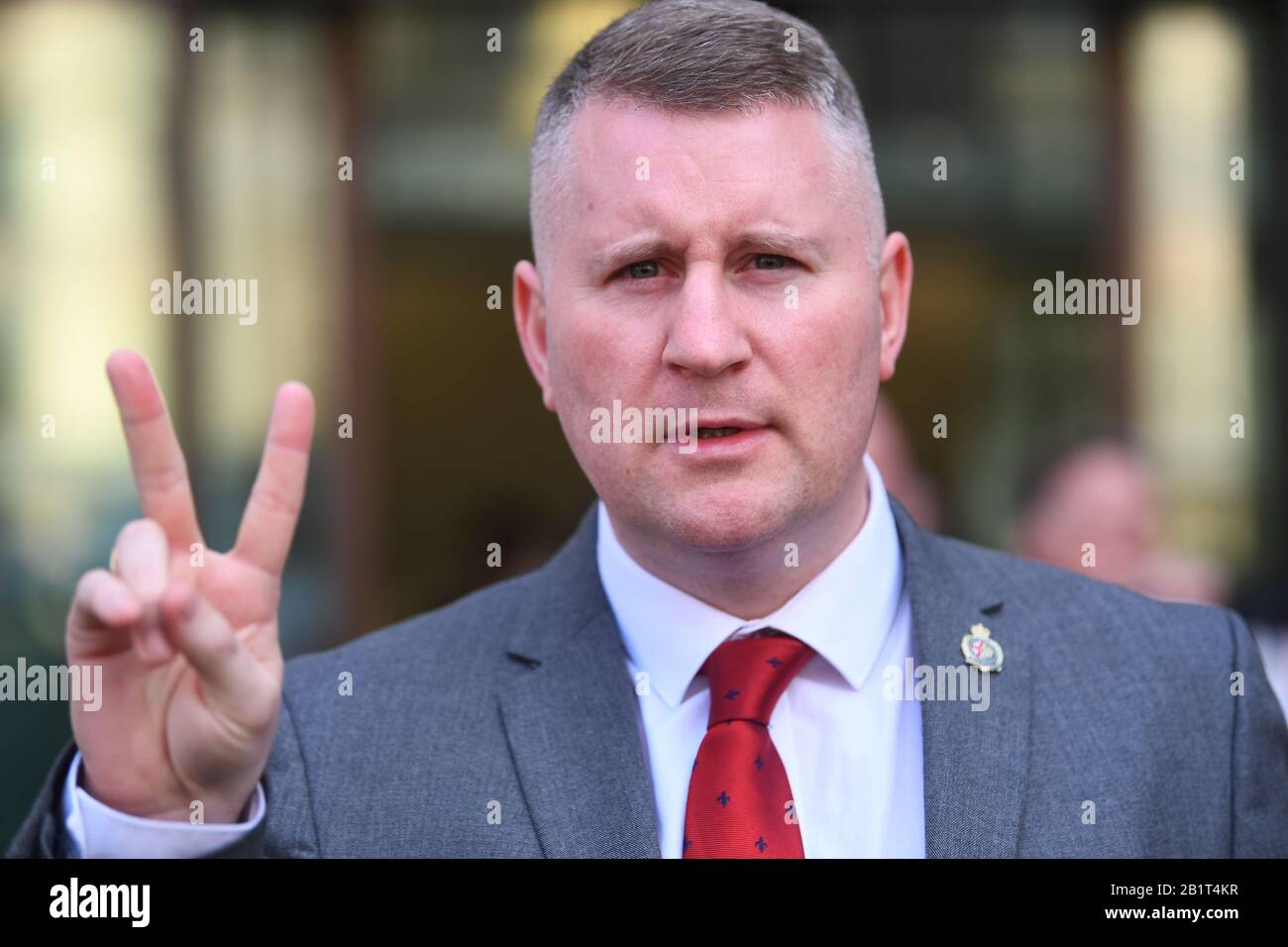 Britain First leader Paul Golding outside Westminster Magistrates' Court, London, where he was charged with failing to comply with a duty under schedule 7 of the Terrorism Act after refusing to give counter-terror officers access to his electronic devices when he was stopped at Heathrow Airport on his way home from a trip to Russia to see the parliament. PA Photo. Picture date: Thursday February 27, 2020. See PA story COURTS Golding. Photo credit should read: Victoria Jones/PA Wire Stock Photo