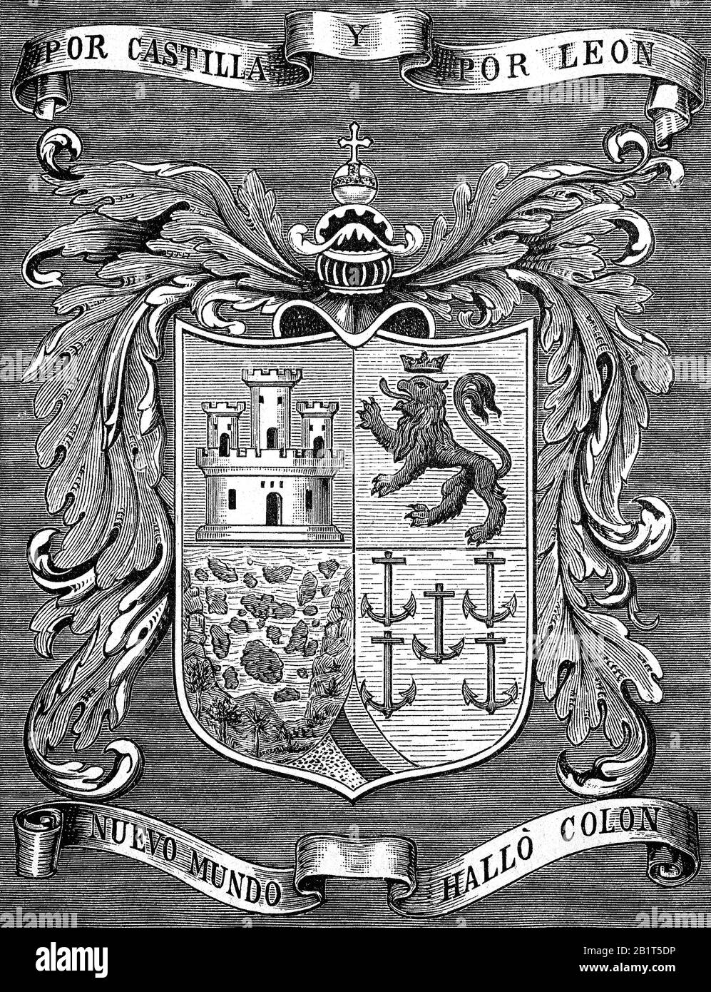 Coat of arms of Christopher Columbus  /  Wappen des Christoph Kolumbus, Historisch, digital improved reproduction of an original from the 19th century / digitale Reproduktion einer Originalvorlage aus dem 19. Jahrhundert Stock Photo