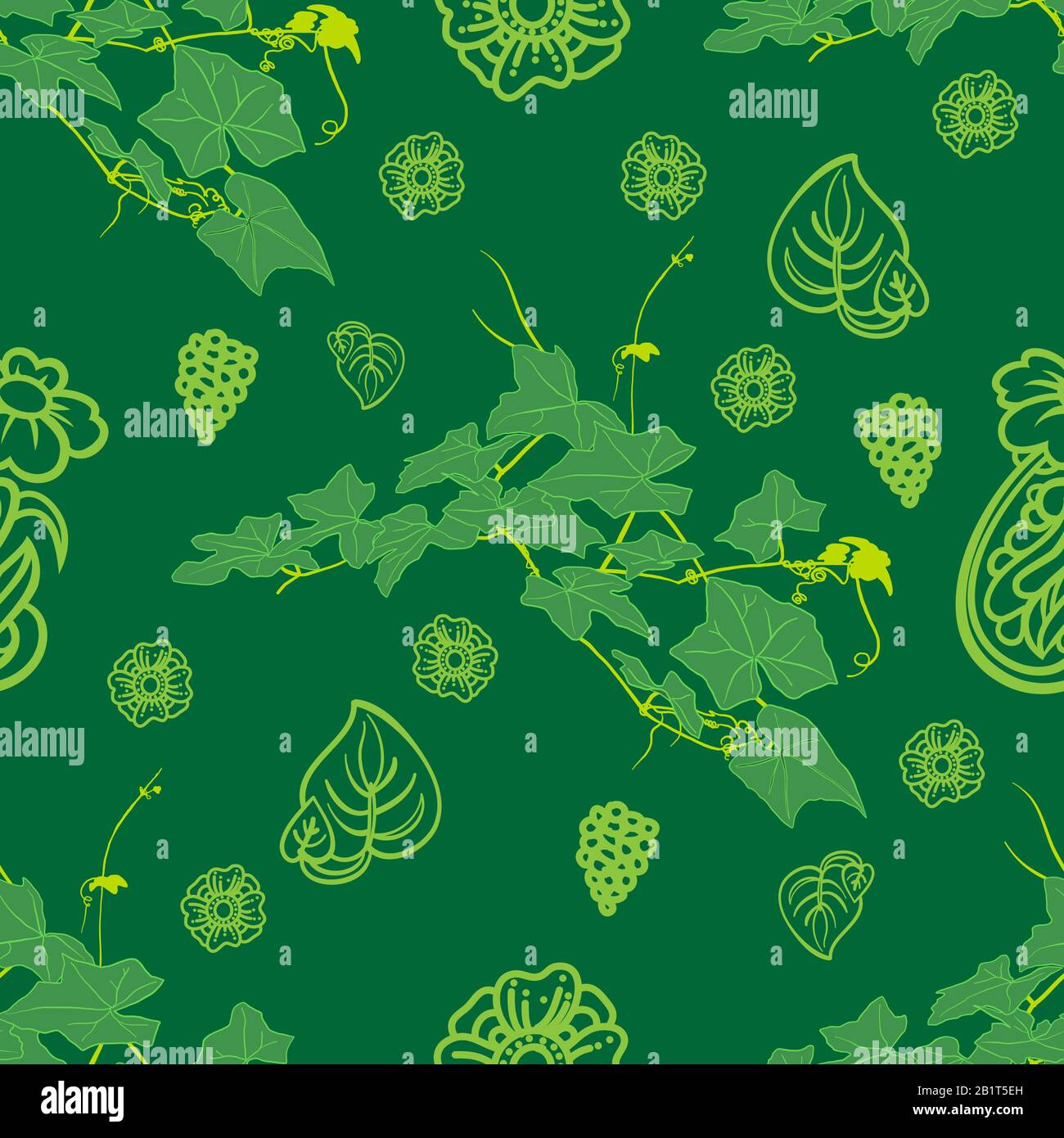 Vine and flower Seamless Pattern of Green colors tone foliage natural branches, green leaves. Hand draw ivy gourd vertor of tropical plant. Beautiful Stock Vector