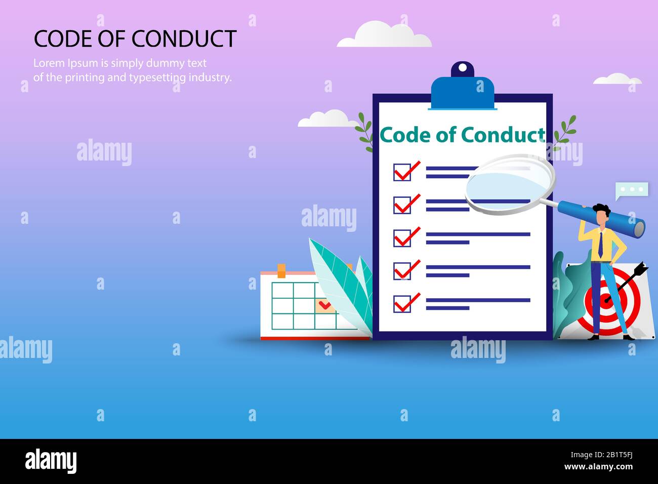 Business concept of code of conduct, businessman holding a big magnifier and standing near a big list of code of conduct in pastel color background. Stock Vector