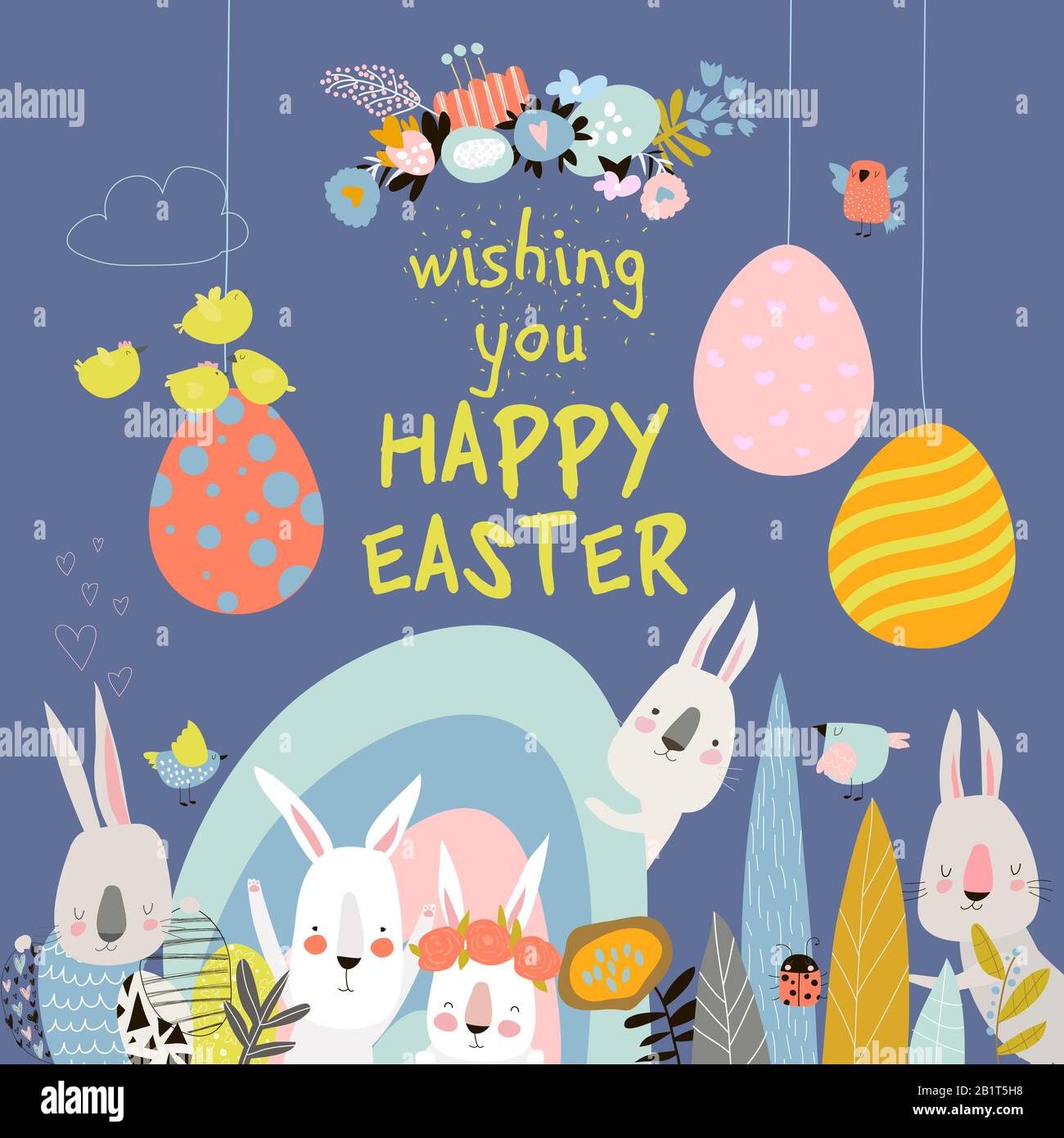 Cute cartoon bunny with Easter eggs and flowers Stock Vector