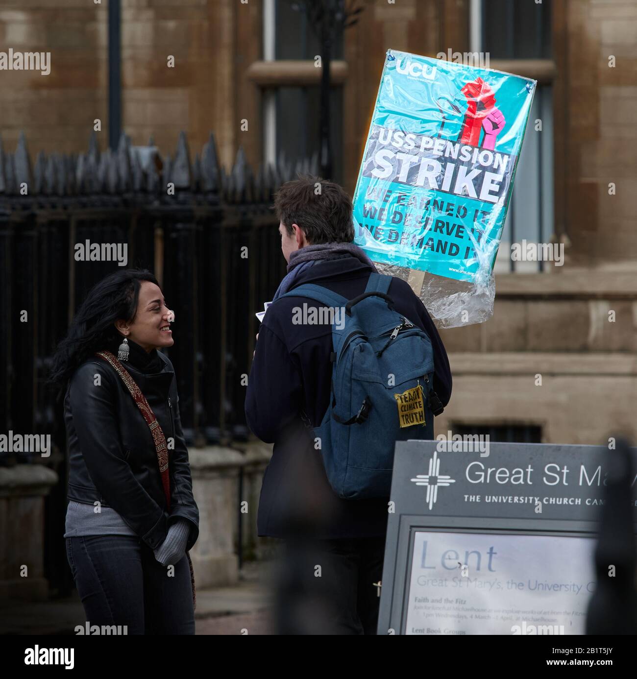 UCU (University and College Union) members protest on 26 february 2020 outside Senate House and St Mary the Great church, university of Cambridge, England, about changes to their USS (Universities Superannuation Scheme) pension entitlement. Stock Photo