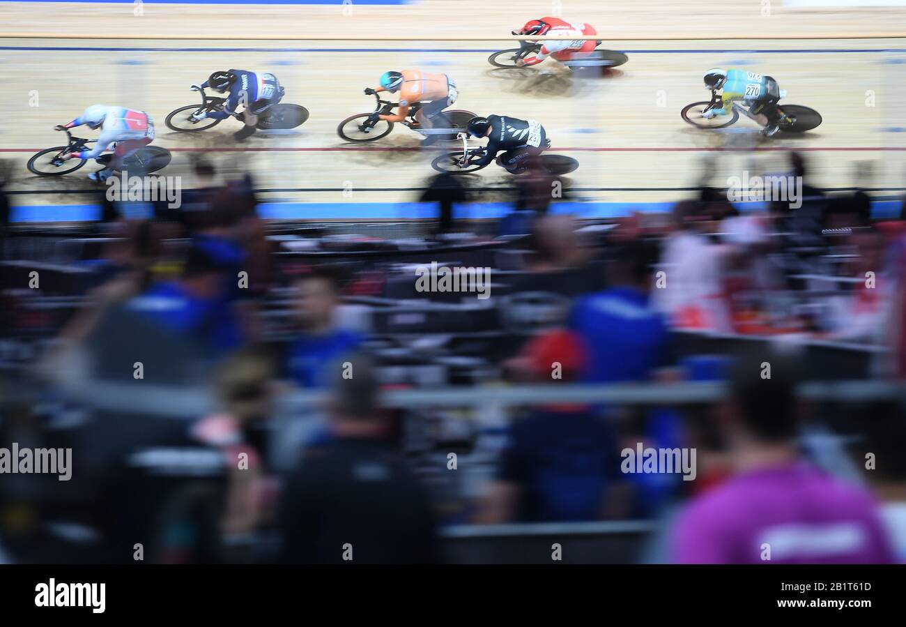 Berlin, Germany. 27th Feb, 2020. Cycling/track: World Championship, Keirin, men, 1st round: Denis Dmitriev from Russia (l-r) rides ahead of Sebastien Vigier from France, Theo Bos from the Netherlands, Edward Dawkins from New Zealand, Tomoyuki Kawabata from Japan and Sergey Ponomaryov from Kazakhstan. Credit: Sebastian Gollnow/dpa/Alamy Live News Stock Photo