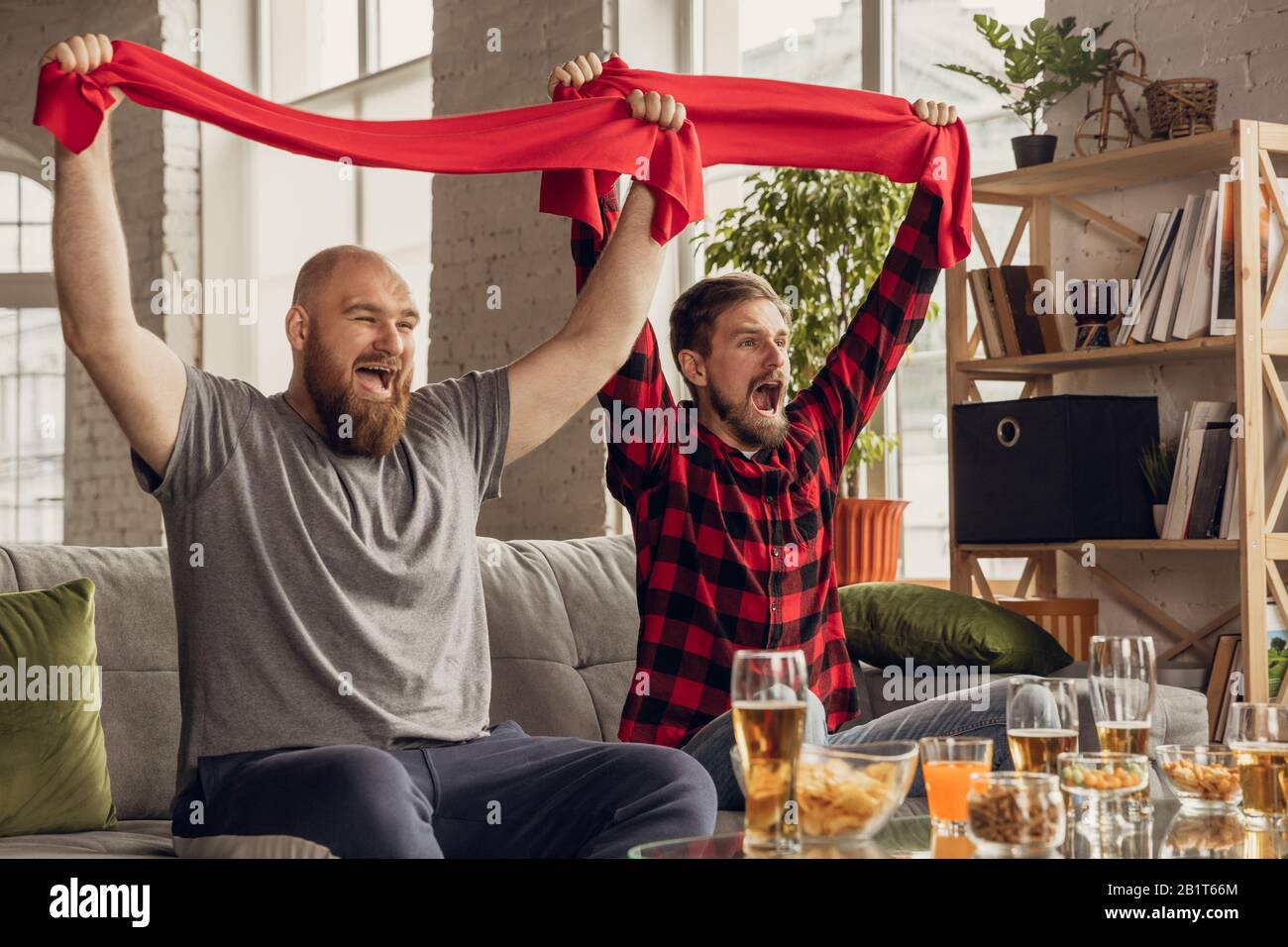 Victory. Excited, happy friends watching basketball, football, soccer, tennis match, championship on the couch at home. Fans emotional cheering for favourite national team. Sport, TV, having fun. Stock Photo