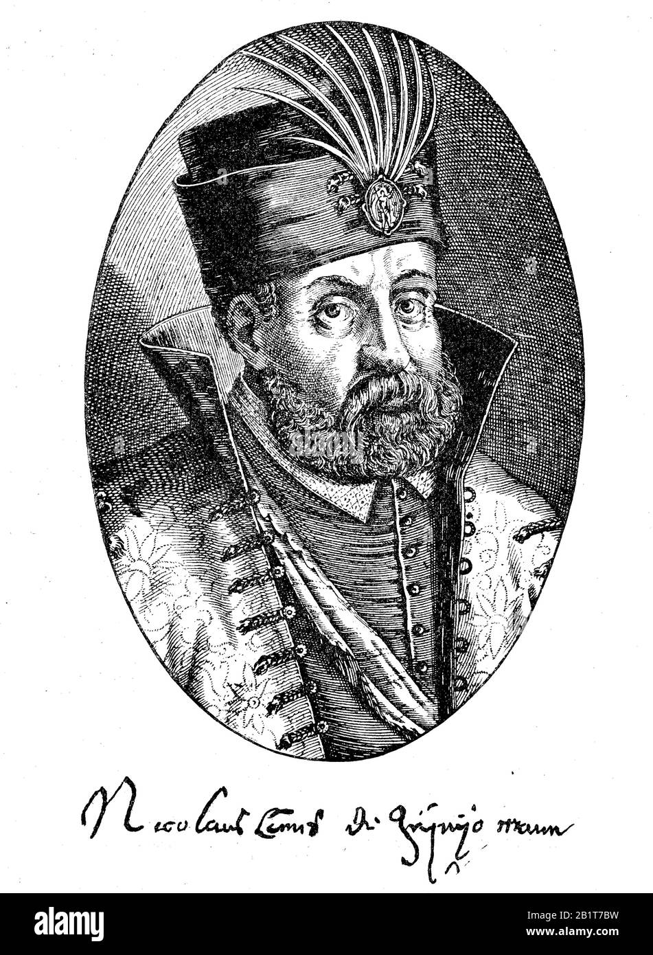 Nikola IV Zrinski or Miklos IV Zrínyi, 1507/1508 - 1566, also commonly known as Nikola Šubic Zrinski, a Croatian-Hungarian nobleman and general, Ban of Croatia from 1542 until 1556  /  Nikolaus IV. Šubic von Zrin, kurz Nikolaus Šubic Zrinski, kroatisch Nikola Šubic Zrinski, ein Graf aus dem kroatisch-ungarischen Adelsgeschlecht Zrinski. Er war von 1542 bis 1556 der Ban von Kroatien, Historisch, digital improved reproduction of an original from the 19th century / digitale Reproduktion einer Originalvorlage aus dem 19. Jahrhundert Stock Photo