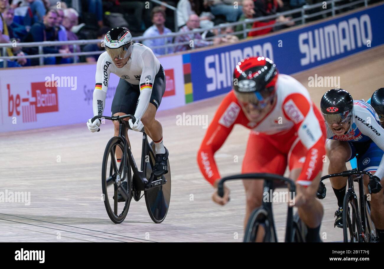 Berlin, Germany. 27th Feb, 2020. Cycling/track: World Championship, Keirin, men, races of hope: Maximilian Levy from Germany (l) rides behind Tomoyuki Kawabata from Japan (front) and Shih Kang from Taiwan. Levy dropped out of the Keirin competition. Credit: Sebastian Gollnow/dpa/Alamy Live News Stock Photo
