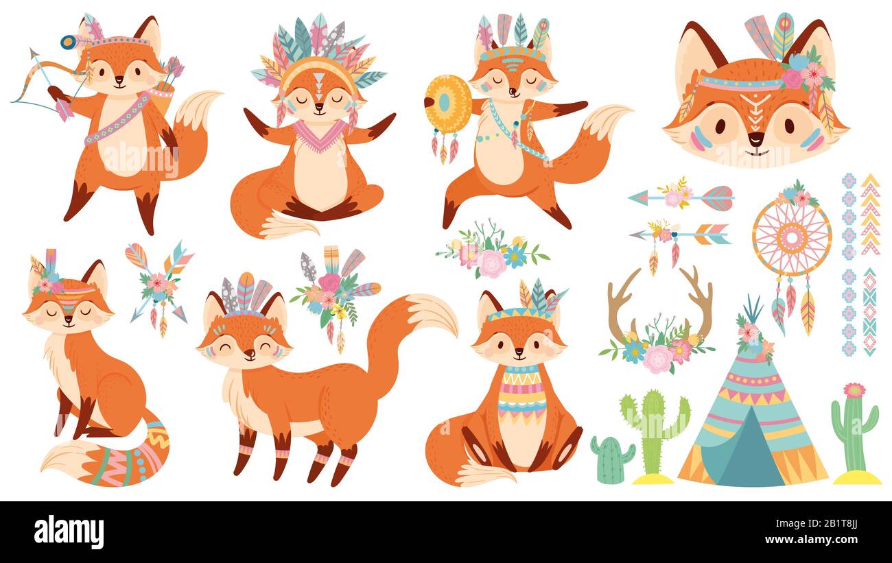 Tribal fox. Cute foxes, indian feather warbonnet and wild animal cartoon vector illustration set Stock Vector