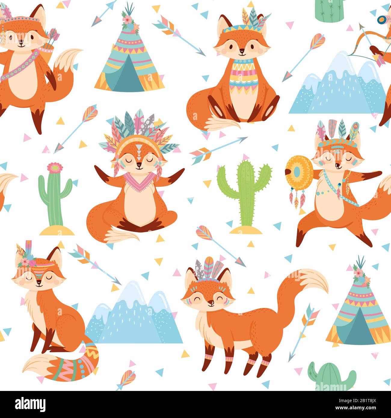 Seamless tribal fox pattern. Cute foxes in Indian feather warbonnet, wild animal and tribals tent cartoon vector illustration Stock Vector