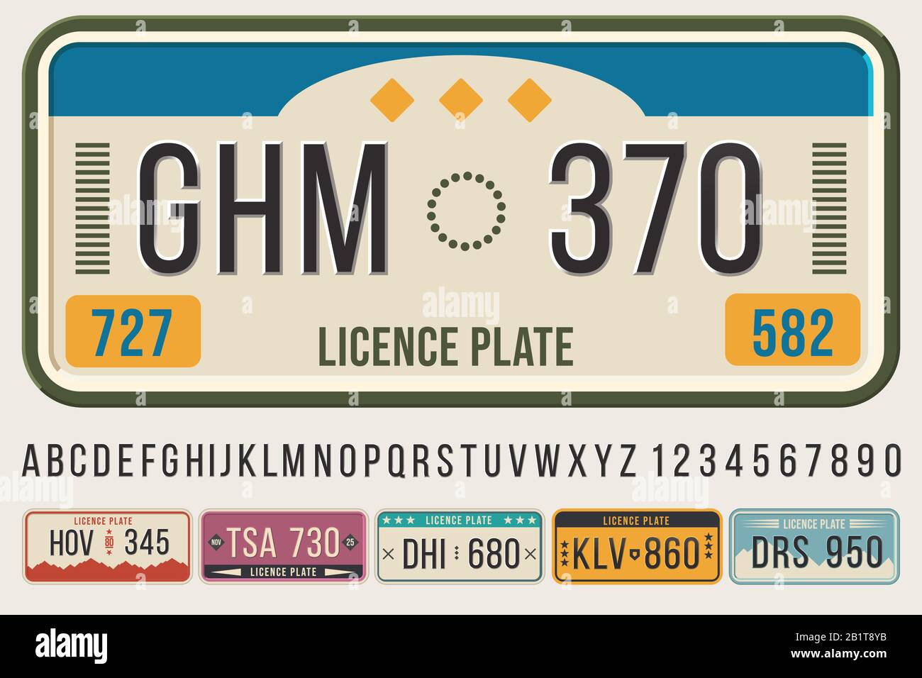 License car plates font. Embossed font letters and numbers, cars registration number frame template vector illustration set Stock Vector