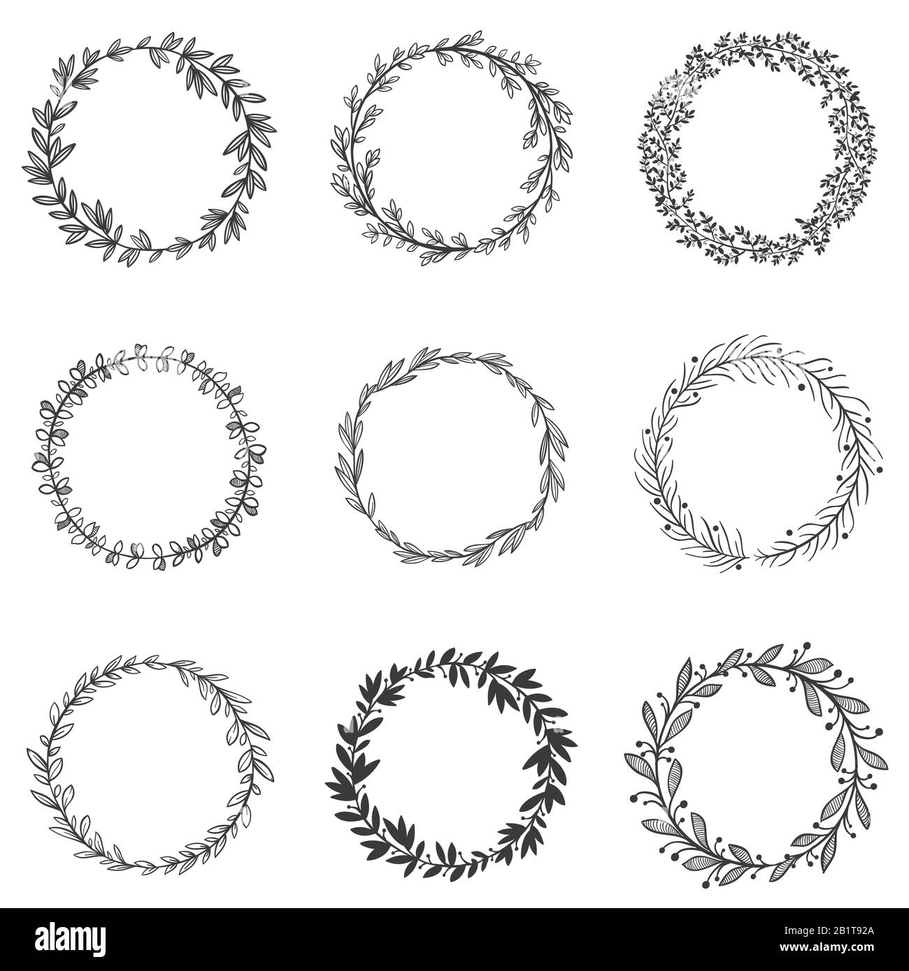 Circle leaf frames. Round branches with leafs, hand drawn floral frame and decorative sketch leaf circles vector set Stock Vector