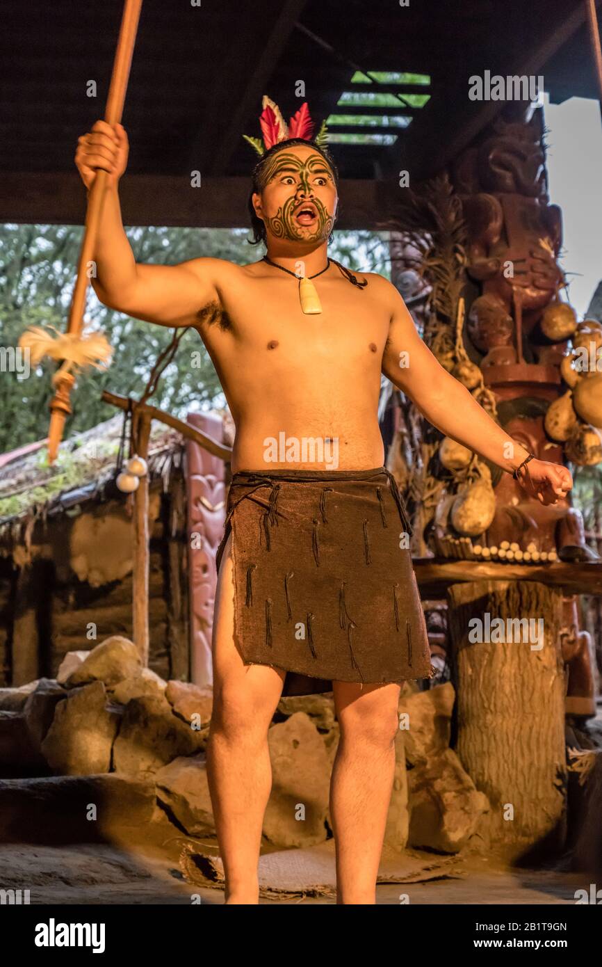 ROTORUA, NEW ZEALAND - November 10 2019: actor performing tribal warrior, shot at Mitai Maori village performance on november 10 2019 at Rotorua, Nort Stock Photo