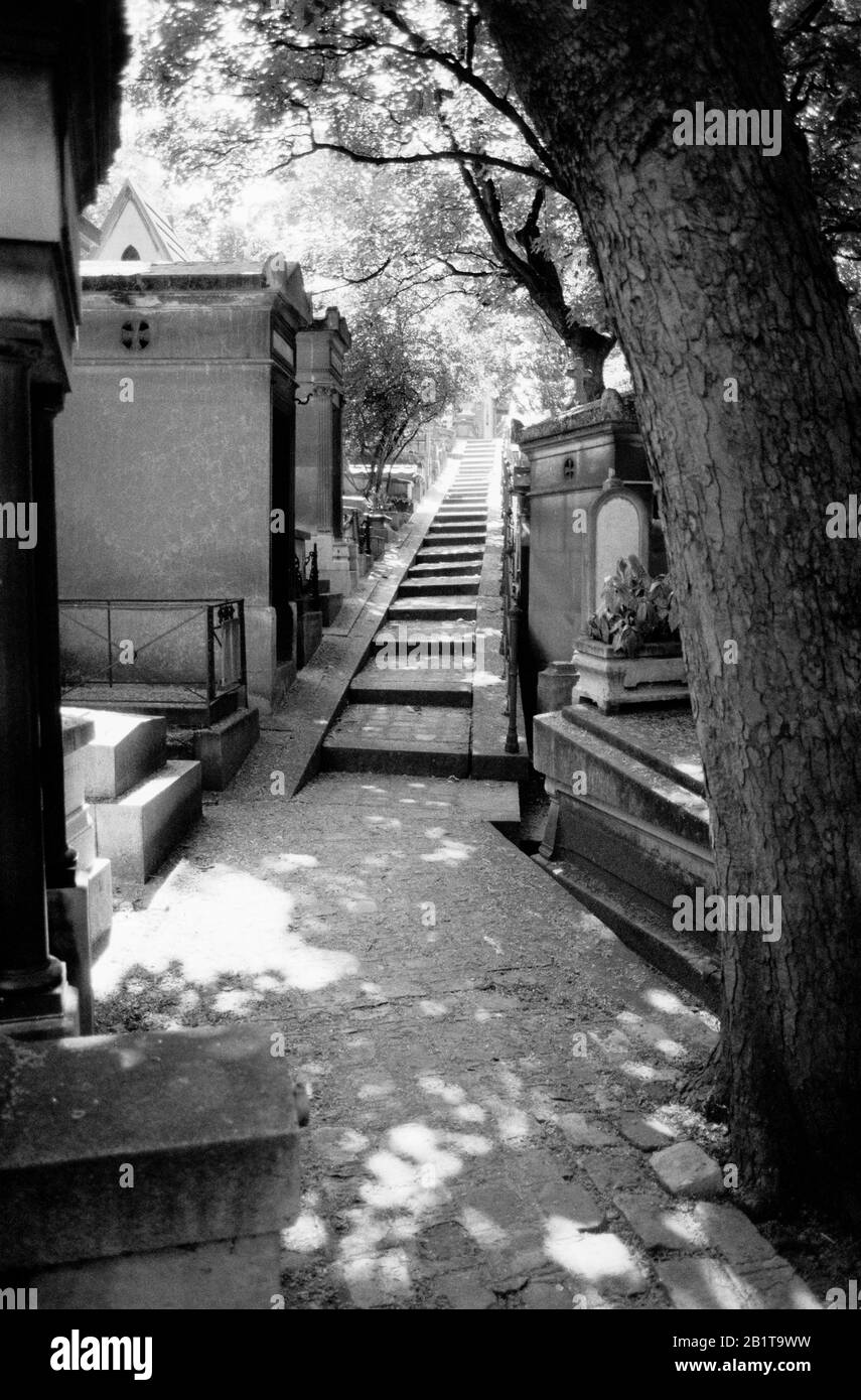 PÈRE LACHAISE IN THE 20 ARRONDISSEMENT OF PARIS IS THE LARGEST PARISIAN CEMETERY WHERE PERSONALITIES FROM ALL OVER THE WORLD ARE BURIED - PARIS HISTORY - SILVER FILM PHOTOGRAPHY © Frédéric BEAUMONT Stock Photo