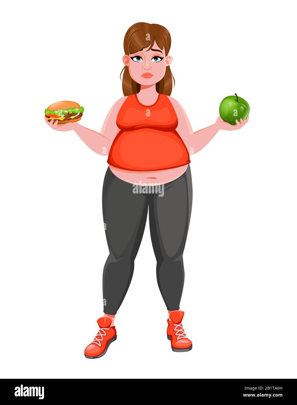 Overweight woman choosing between apple and hamburger. Cartoon