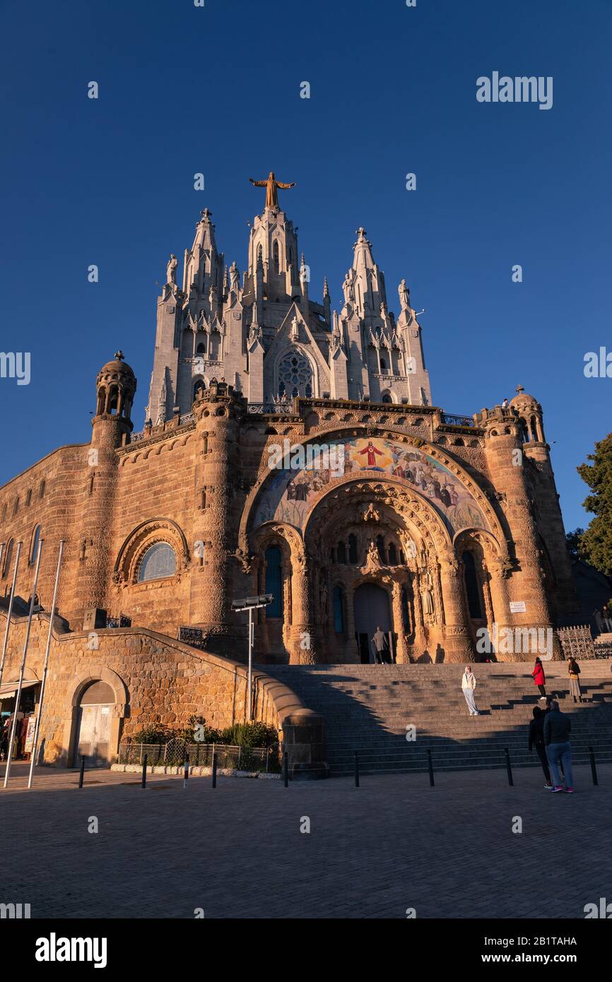 Sagrat Cor church at the top of Collserola mountain range over Barcelona, in Catalogne. Stock Photo