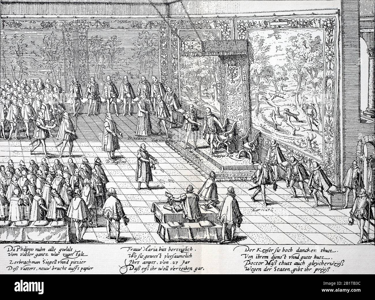 Abdication of Charles V., Holy Roman Emperor, on the 25th October 1555, at Bruxelles, Brussels  /  Abdankung von Karl V., in Brüssel, am 25.10.1555. Karl V., 1500 - 1558, Angehöriger des Herrscherhauses Habsburg und Kaiser des Heiligen Römischen Reiches, Historisch, digital improved reproduction of an original from the 19th century / digitale Reproduktion einer Originalvorlage aus dem 19. Jahrhundert Stock Photo