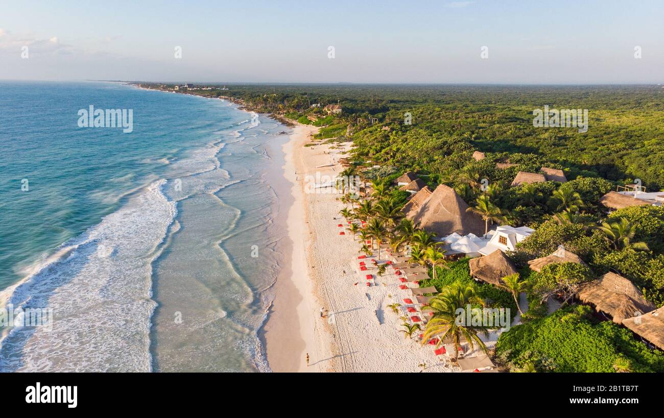 Beautiful view of Tulum beach during sunrise in Mexico North America Stock Photo