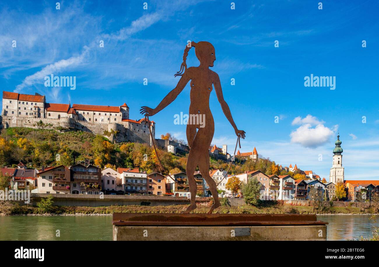 Zodiac sign sculpture, stone sign of the Virgin, Burghausen Castle, Burghausen, Bavaria, Germany Stock Photo