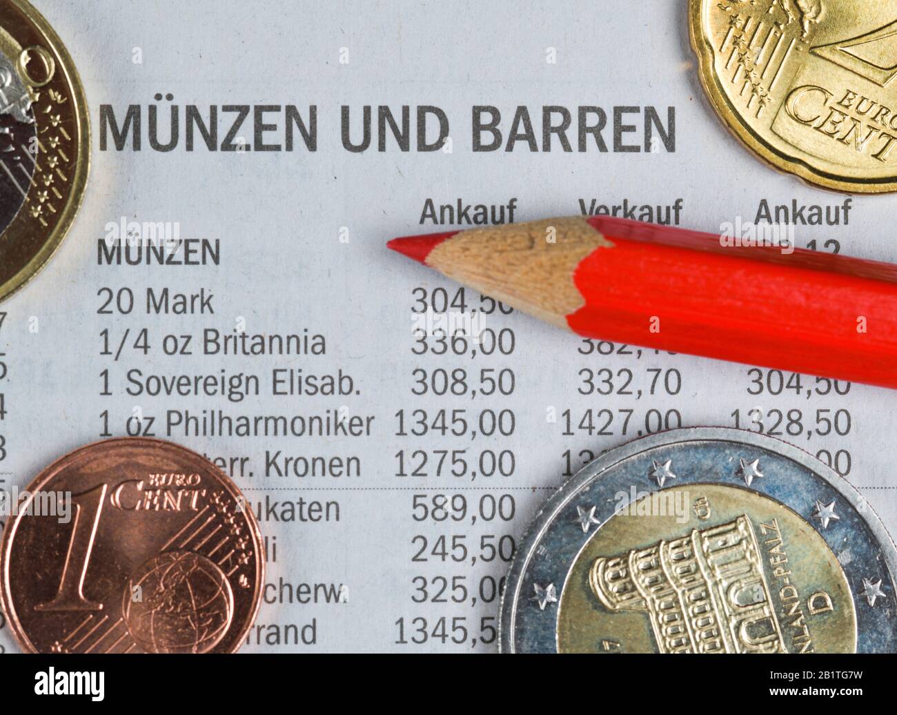 Zeitung, Börsenteil, Metalle, Münzen, Gold Stock Photo