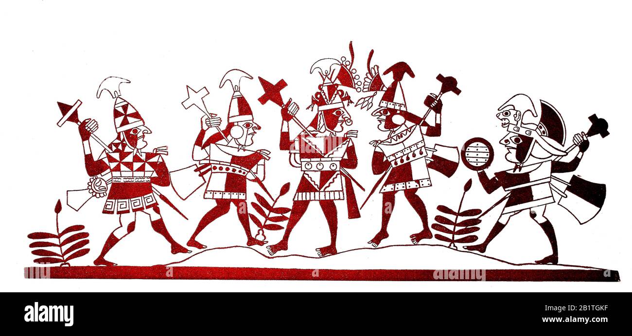 Inca warriors, painting on an old Peruvian vase  /  Krieger aus der Inkazeit, Malerei auf einer altperuanischen Vase, Historisch, digital improved reproduction of an original from the 19th century / digitale Reproduktion einer Originalvorlage aus dem 19. Jahrhundert Stock Photo