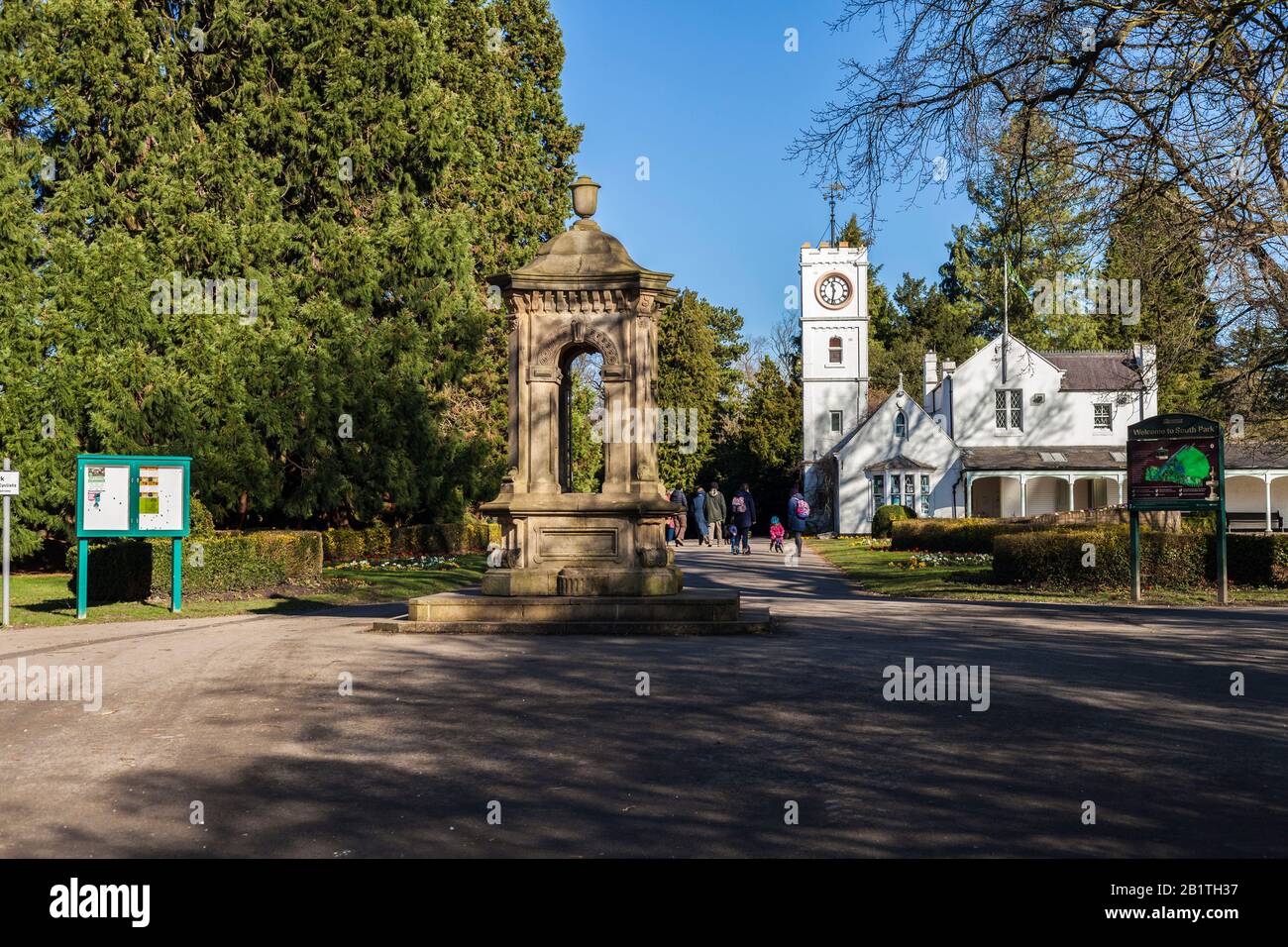 The fountain, pavillion and clock tower in the South Park, Darlington