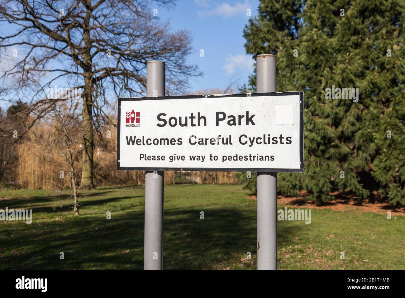 A sign informing that the park welcomes careful cyclists in the South Park,Darlington,England,UK Stock Photo