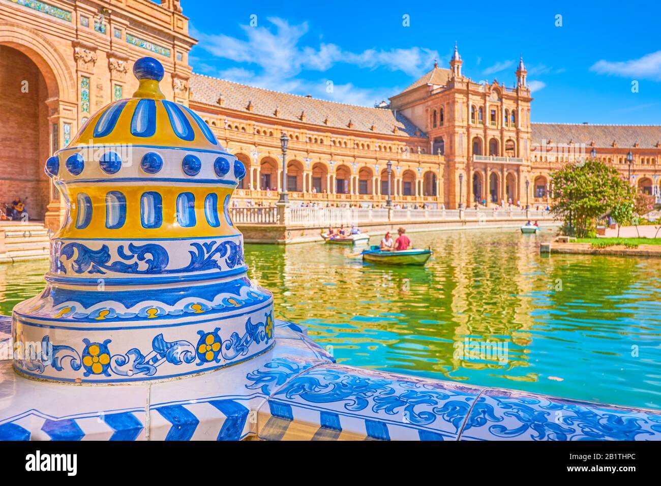 The amazing ceramic decorations of Plaza de Espana with Andalusian style patterns, Seville, Spain Stock Photo