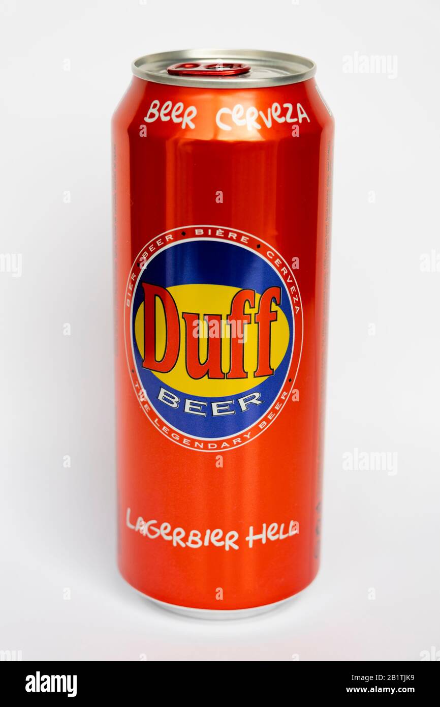 a tin can of Homer Simpson’s favourite Duff beer from the Simpsons TV show, on white. Stock Photo