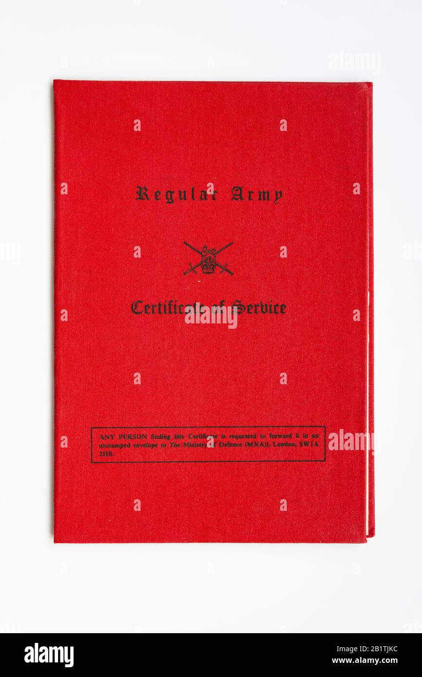 British regular Army discharge certificate of service, “red book”, from the 1980’s Stock Photo