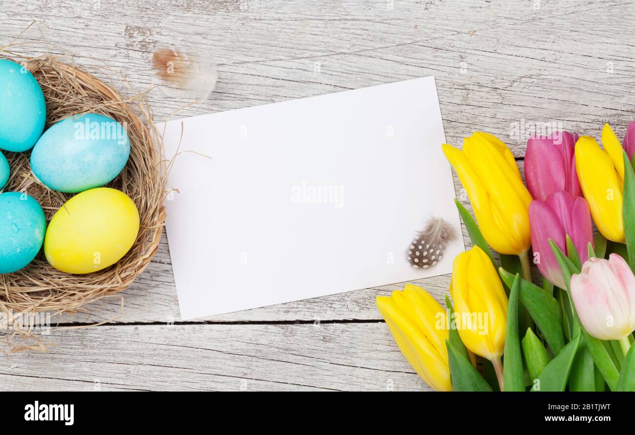 Easter greeting card with easter eggs and tulip flowers over wooden ...