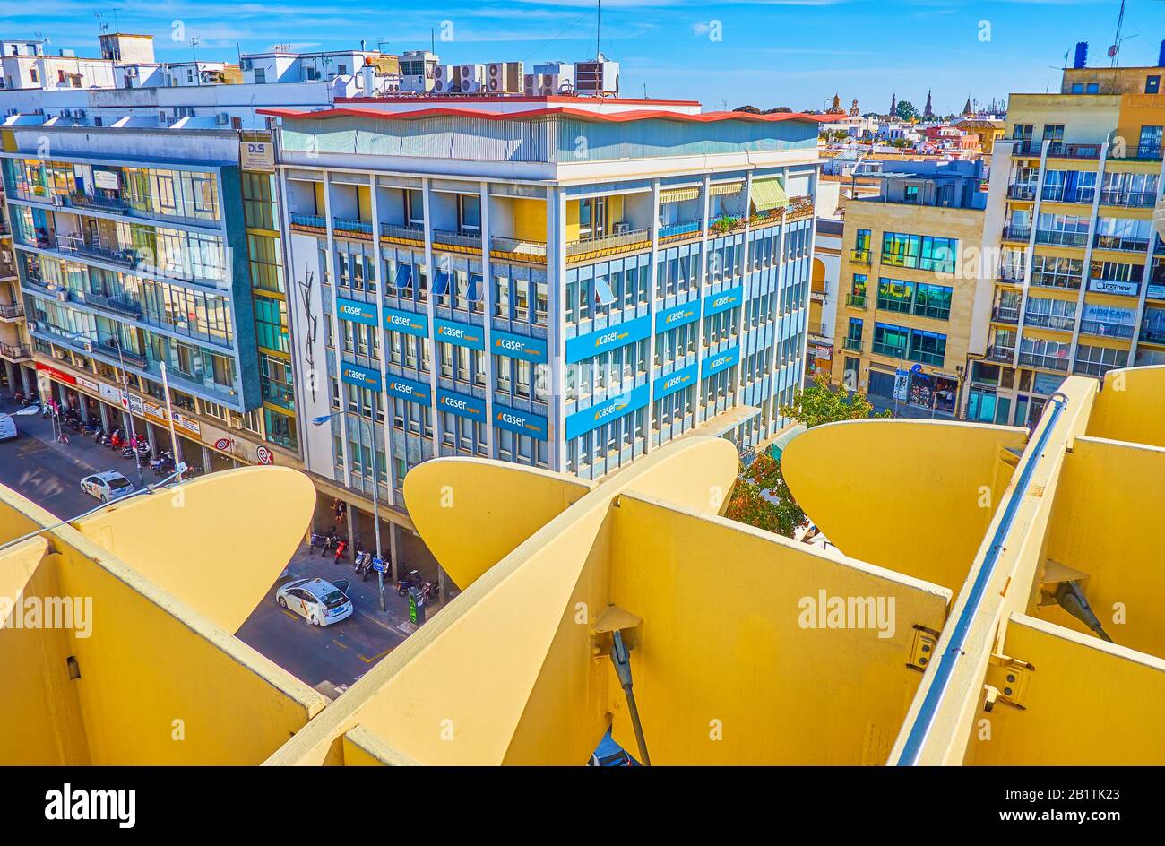 SEVILLE, SPAIN - OCTOBER 1, 2019: The view on the streets from the upper viewpoint of Metropol Parasol, October 1 in Seville Stock Photo