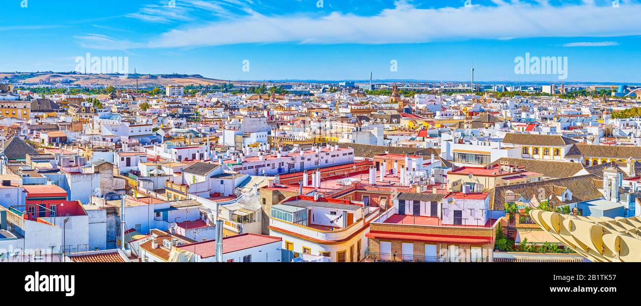 Upper terrace of Metropol Parasol is nice place to watch city roofs, churches domes, belfries, bridges and other locations from above, Seville, Spain Stock Photo