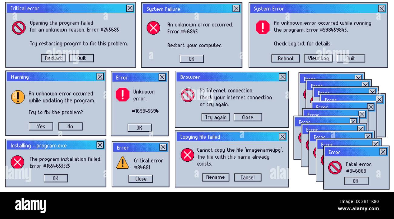 Retro error message. Old user interface system failure window, fatal and critical errors messages. Damaged computer problem warnings vector set Stock Vector