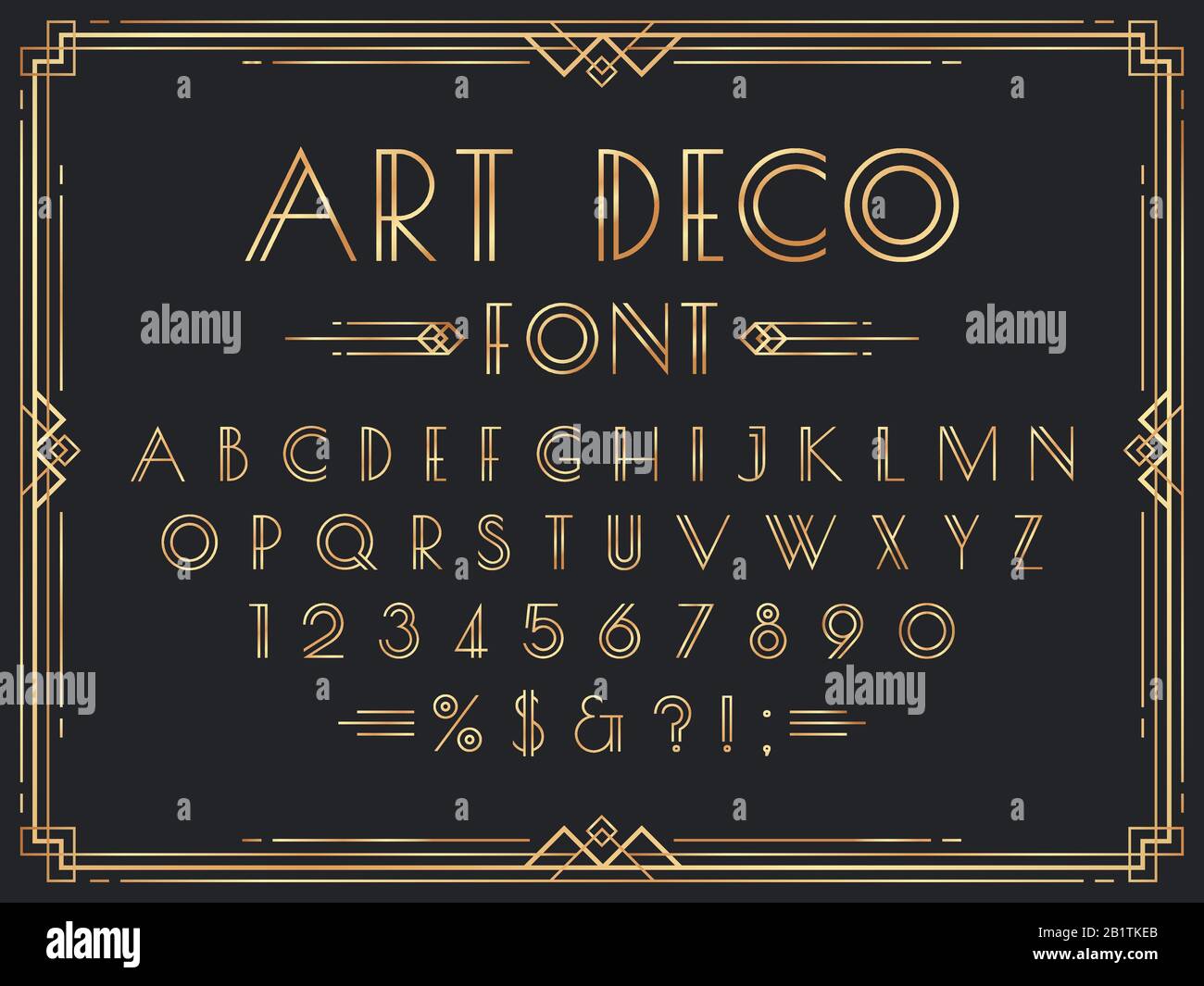 Golden art deco font. Luxury decorative 1920s geometric letters, ornamental gold numbers and retro frame vector set Stock Vector