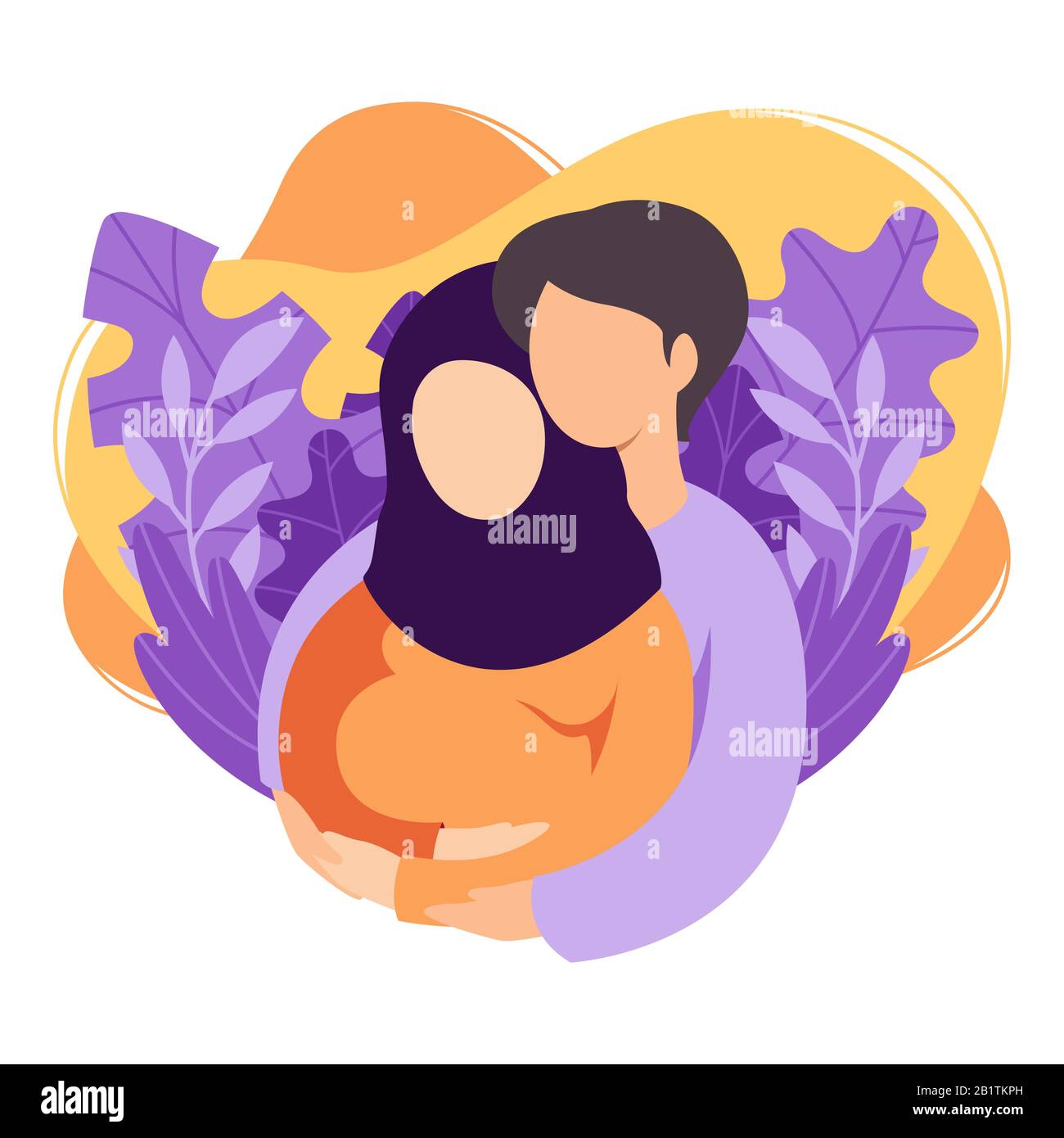 Future muslim parents man and woman are expecting a baby. Islamic couple of husband and wife prepare become parents. Man embracing pregnant woman with Stock Vector