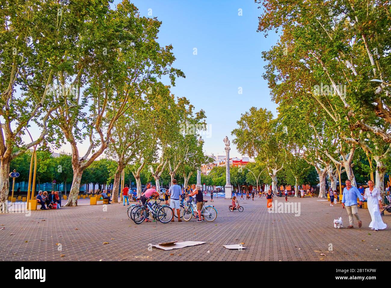 SEVILLE, SPAIN - OCTOBER 1, 2019: La Alameda square with large pedestrian area is one of the most beloved places for evening walks and the fine meetin Stock Photo