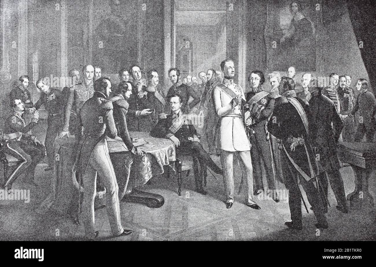 first meeting of the members of the Dresden conference in the Brühlsche Palais 1850, at the Dresden conferences the German states negotiated from December 3 and 23, 1850 to May 15, 1851. The main issue was the conditions under which the German Confederation was restored should be  /  erste Zusammenkunft der Mitglieder der Dresdner Konferenz im Brühlschen Palais 1850, Auf den Dresdner Konferenzen verhandelten die deutschen Staaten vom 3. bzw. 23. Dezember 1850 bis zum 15. Mai 1851. Im Wesentlichen ging es um die Bedingungen, zu denen der Deutsche Bund wiederhergestellt werden sollte, Historisch Stock Photo