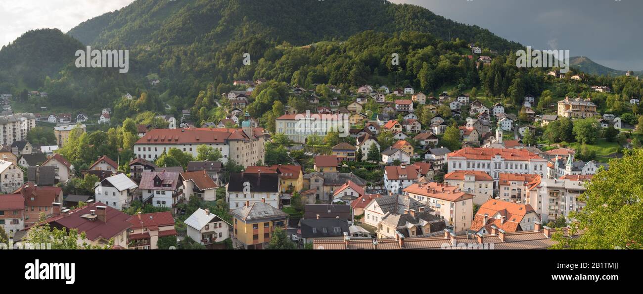 Panorama View of Historical city Idrija, Slovenia Stock Photo