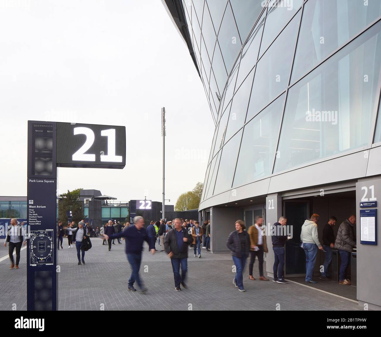 Wayfinding system with digital signage next to stadium. The New Tottenham Hotspur Stadium, London, United Kingdom. Architect: Populous, 2019. Stock Photo