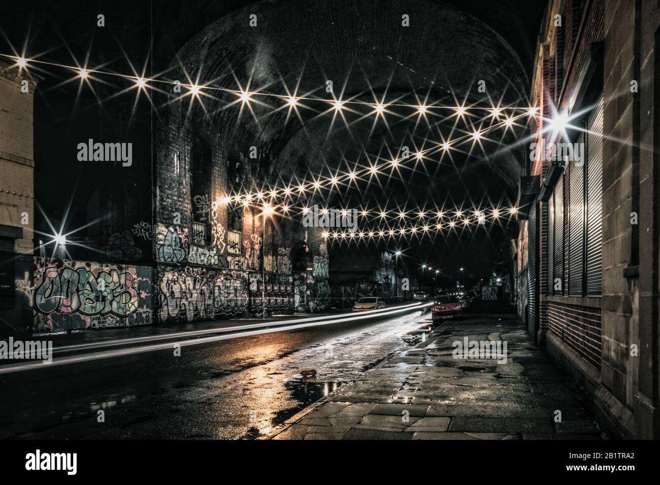 Digbeth in Birmingham, UK at night showing the original architectural