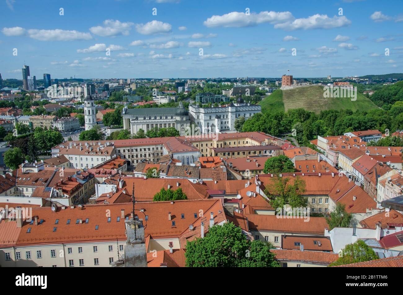 View from above of Vilnius, Lithuania.  View of St. Stanislaus Catacdral on Cathedral Square, Gediminas castle on the hill, red rooftops Stock Photo