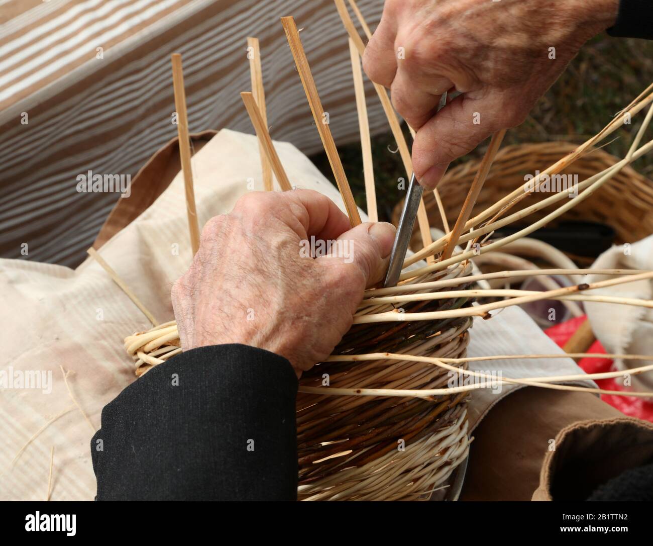 wrinkled hands of the senior craftsman while creating a wicker basket ...