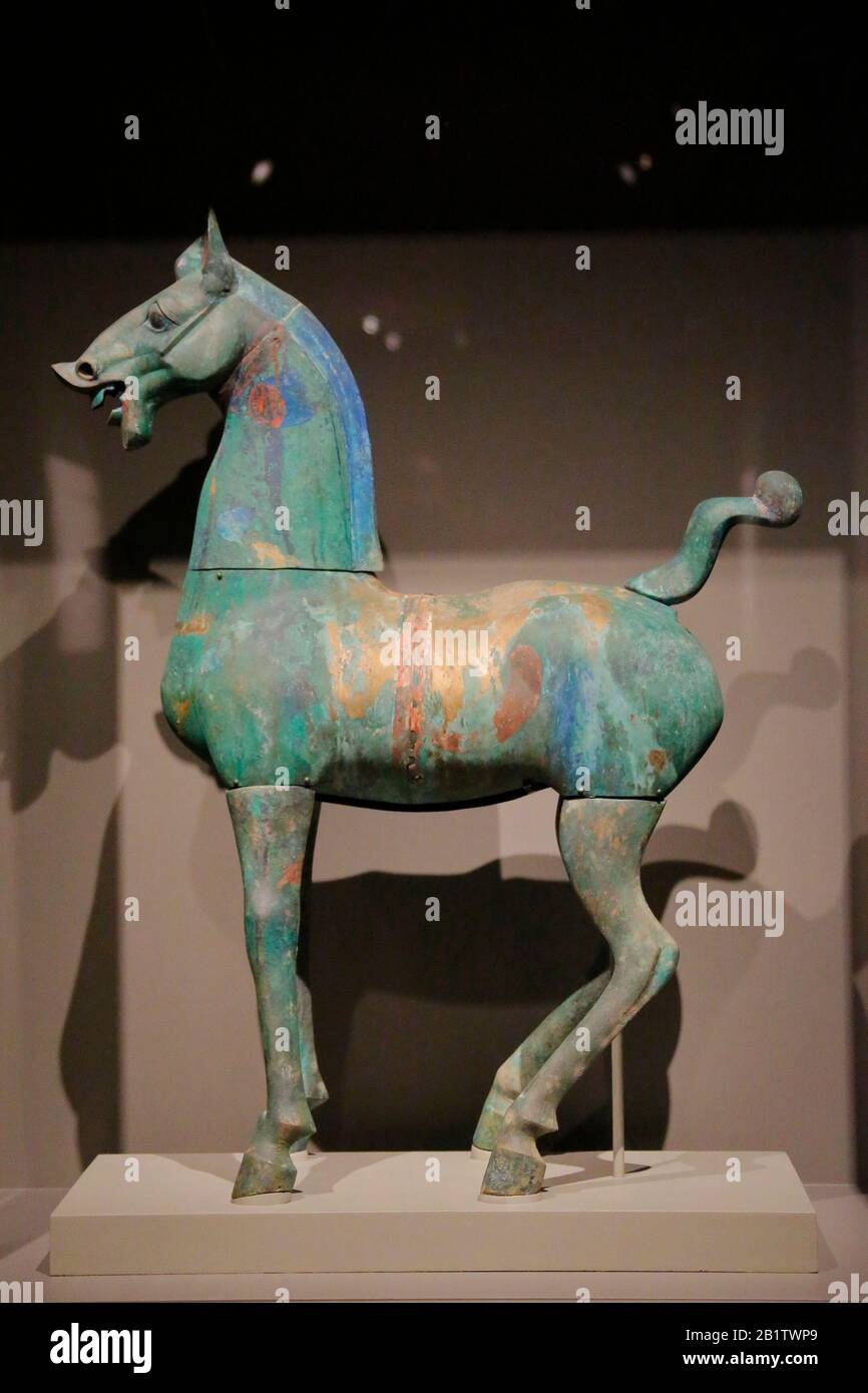 Houston, Texas, USA. 26th Feb 2020. Houston. 26th Feb, 2020. Photo taken on Feb. 26, 2020 shows a Celestial Horse displayed at a media preview of the exhibition Eternal Offering: Chinese Ritual Bronzes in Houston, Texas, the United States. An exhibition of ancient Chinese bronze artworks will be on display from Feb. 29 to Aug. 9 at Asia Society Texas Center (ASTC) in Houston, ASTC announced on Wednesday night. Credit: Lao Chengyue/Xinhua/Alamy Live News Stock Photo