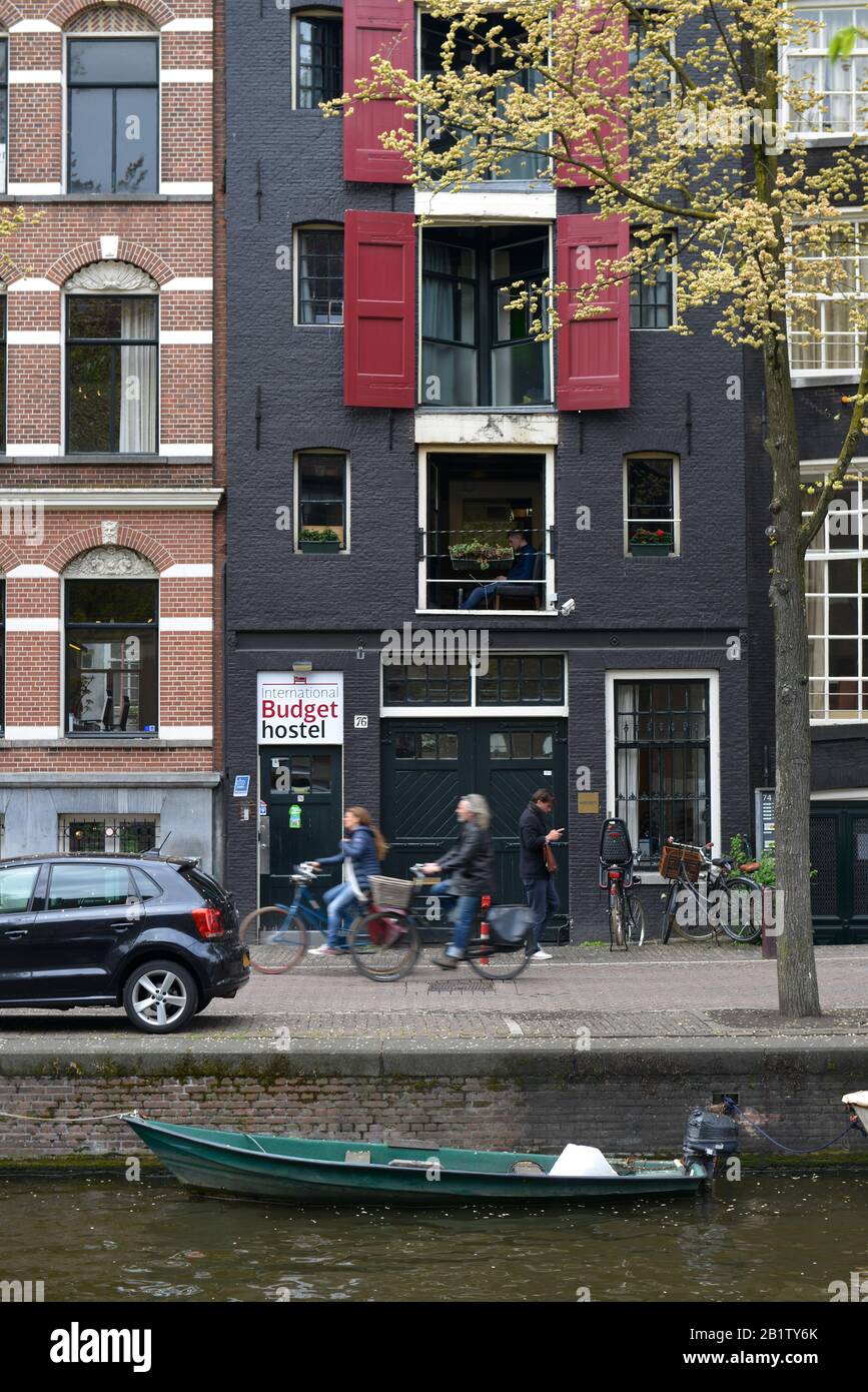 Budget Hostel, Leidsegracht, Amsterdam, Niederlande Stock Photo