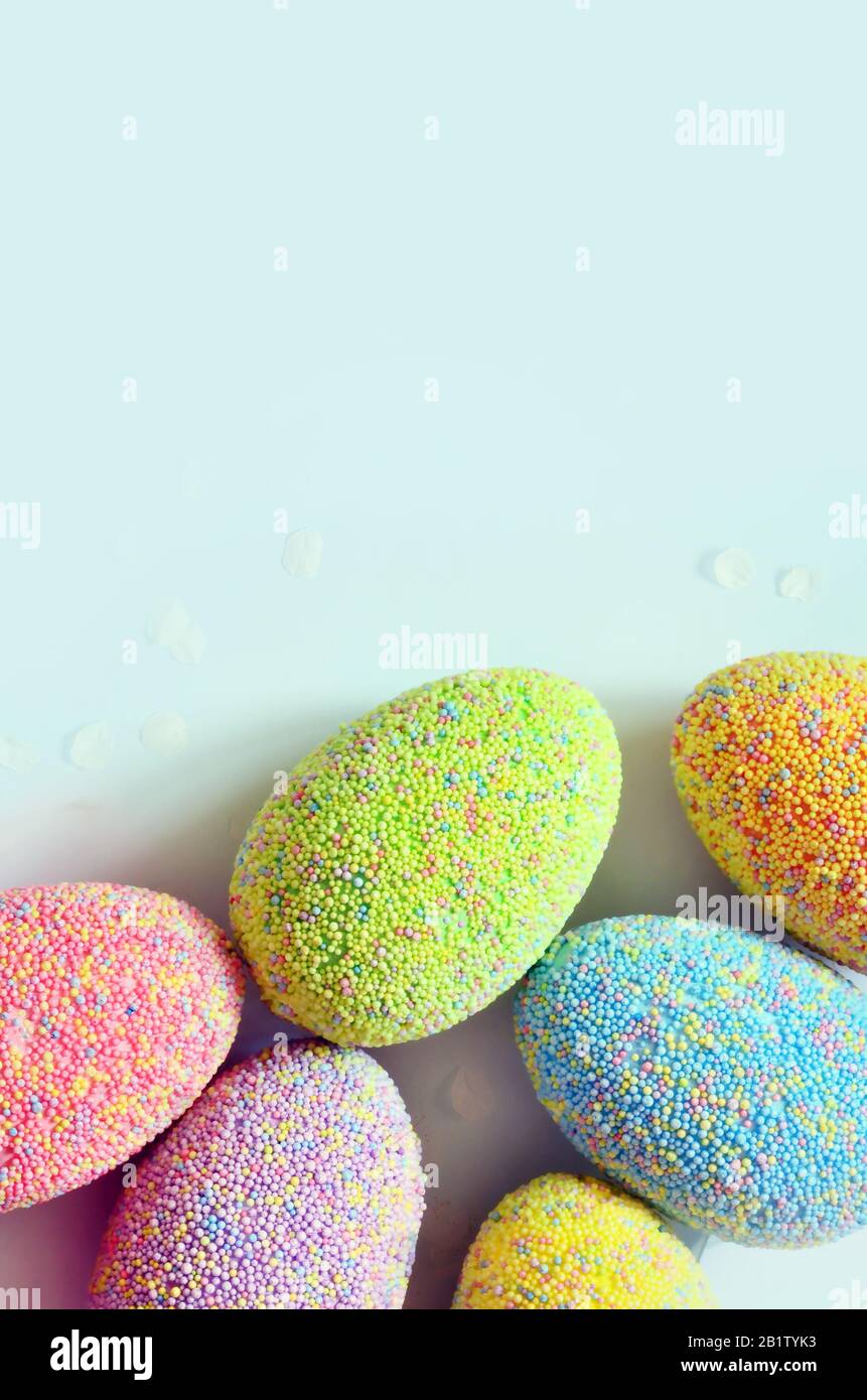 Colored easter eggs on a blue background. Holiday concept Stock Photo