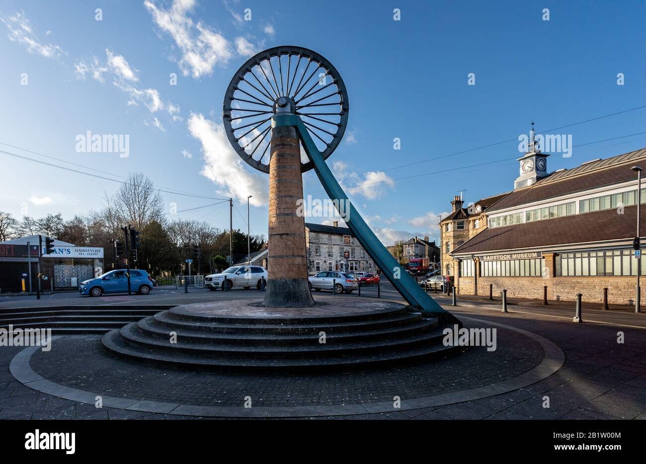 Restored mining pit wheel outside the Radstock Museum. North